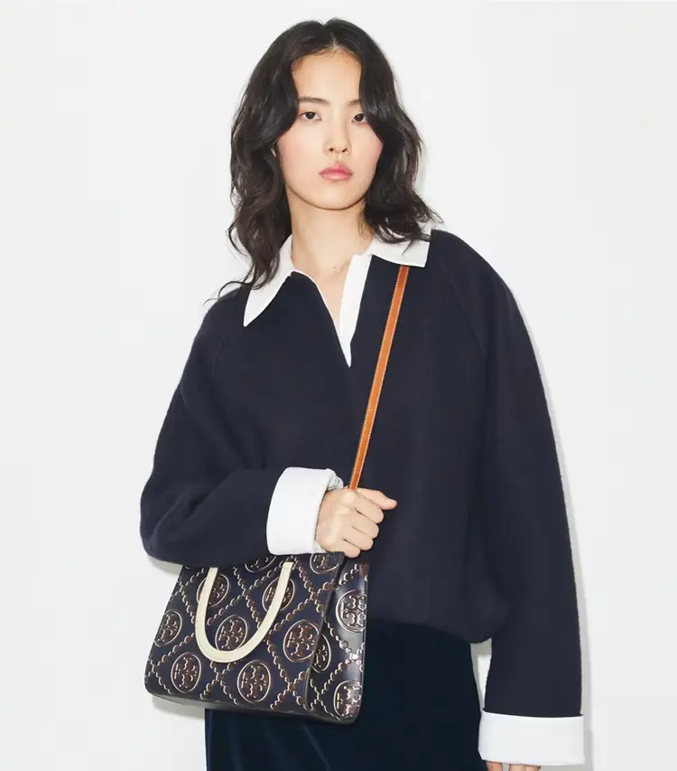 T Monogram Contrast Embossed Top-Handle Tote - Image 2