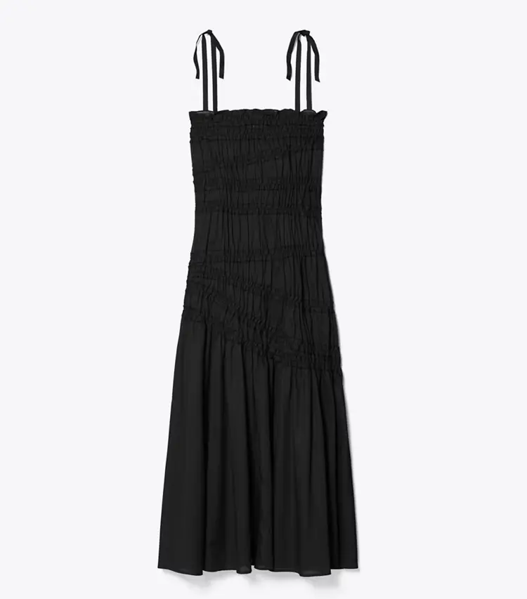 Shoulder Tie Smocked Cotton Dress