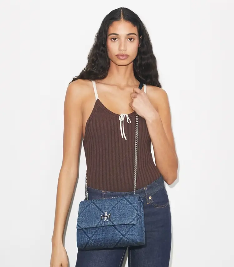 Small Kira Diamond Quilt Denim Shoulder Bag - Image 3