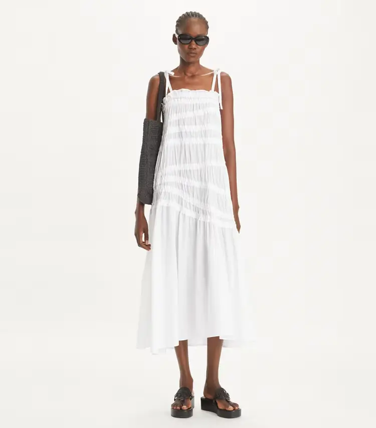 Shoulder Tie Smocked Cotton Dress - Image 2