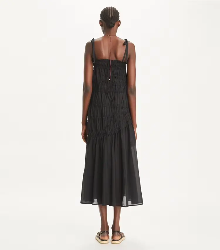 Shoulder Tie Smocked Cotton Dress - Image 3