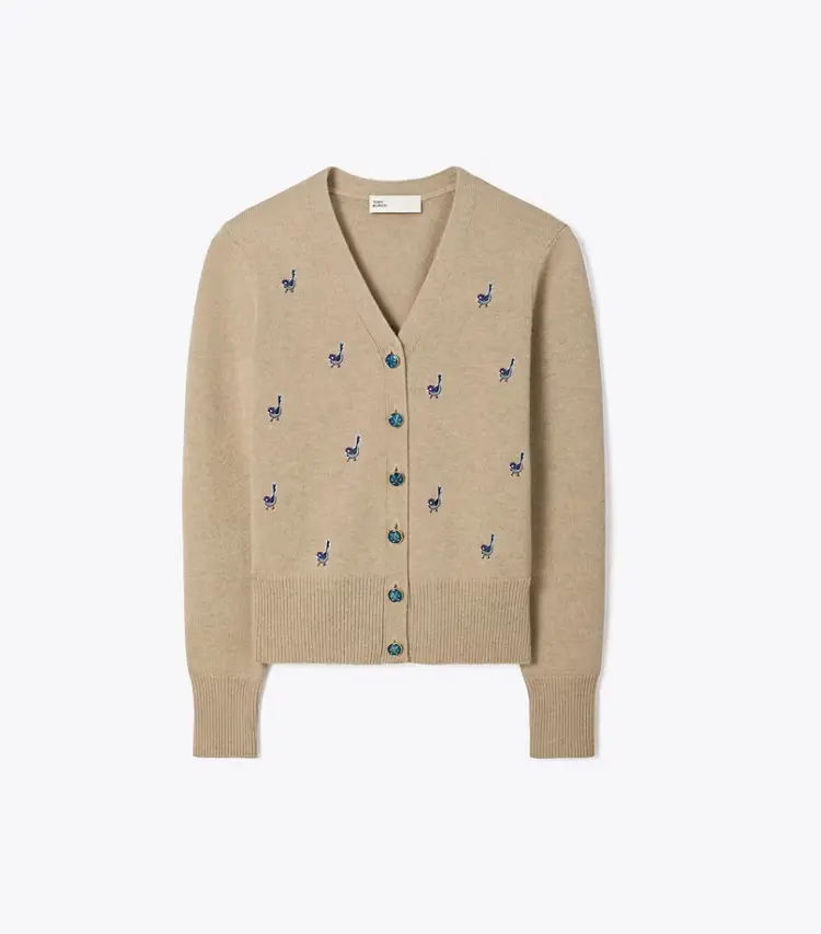 Birdie-Embroidered Cashmere Cardigan