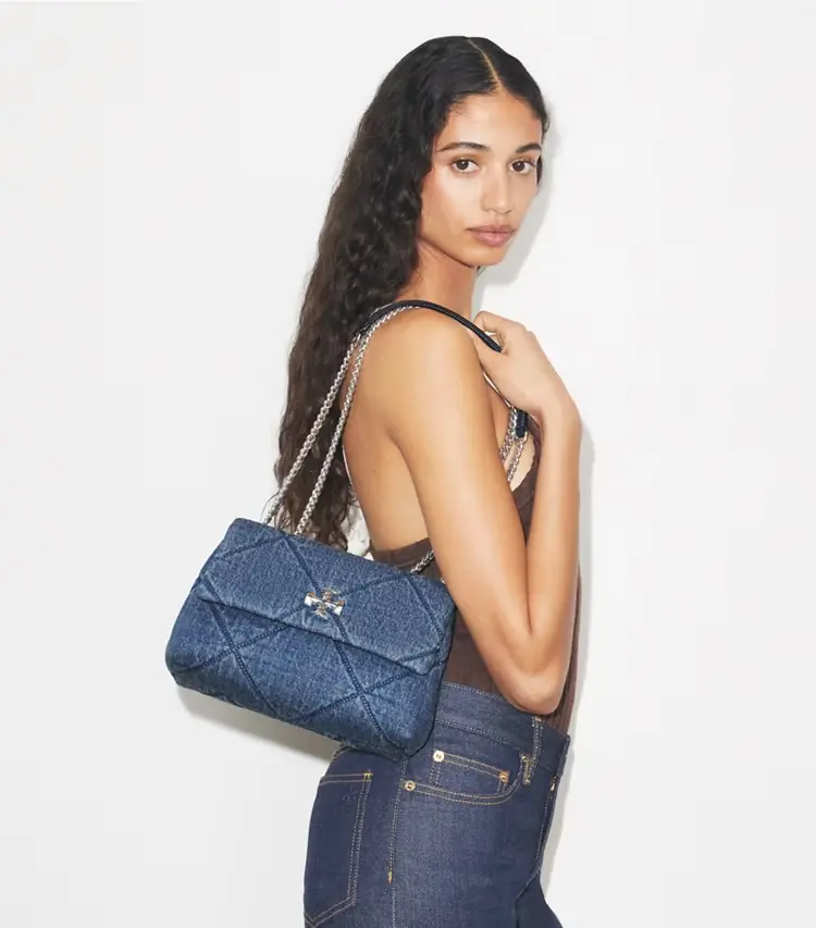 Small Kira Diamond Quilt Denim Shoulder Bag - Image 2