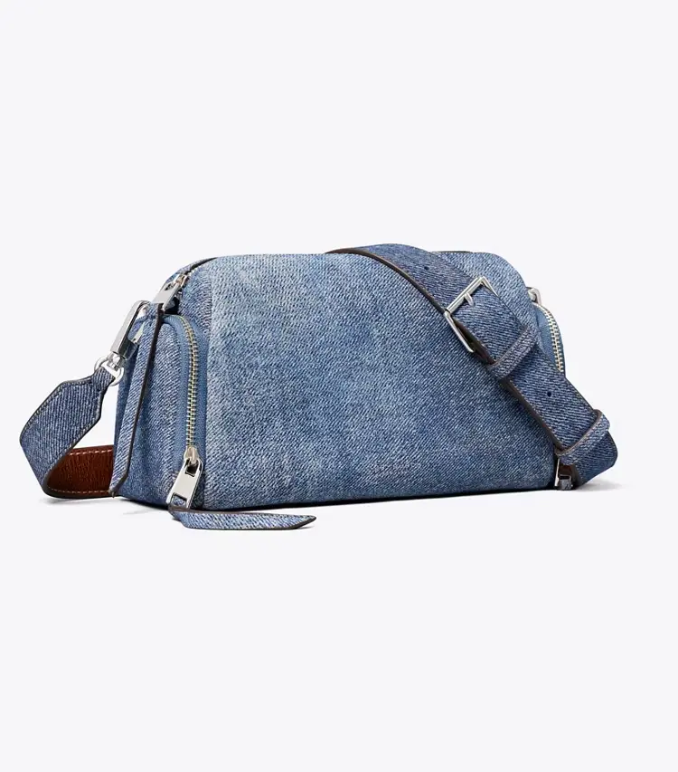 Perry Denim-Print Suede Voyager Crossbody Bag